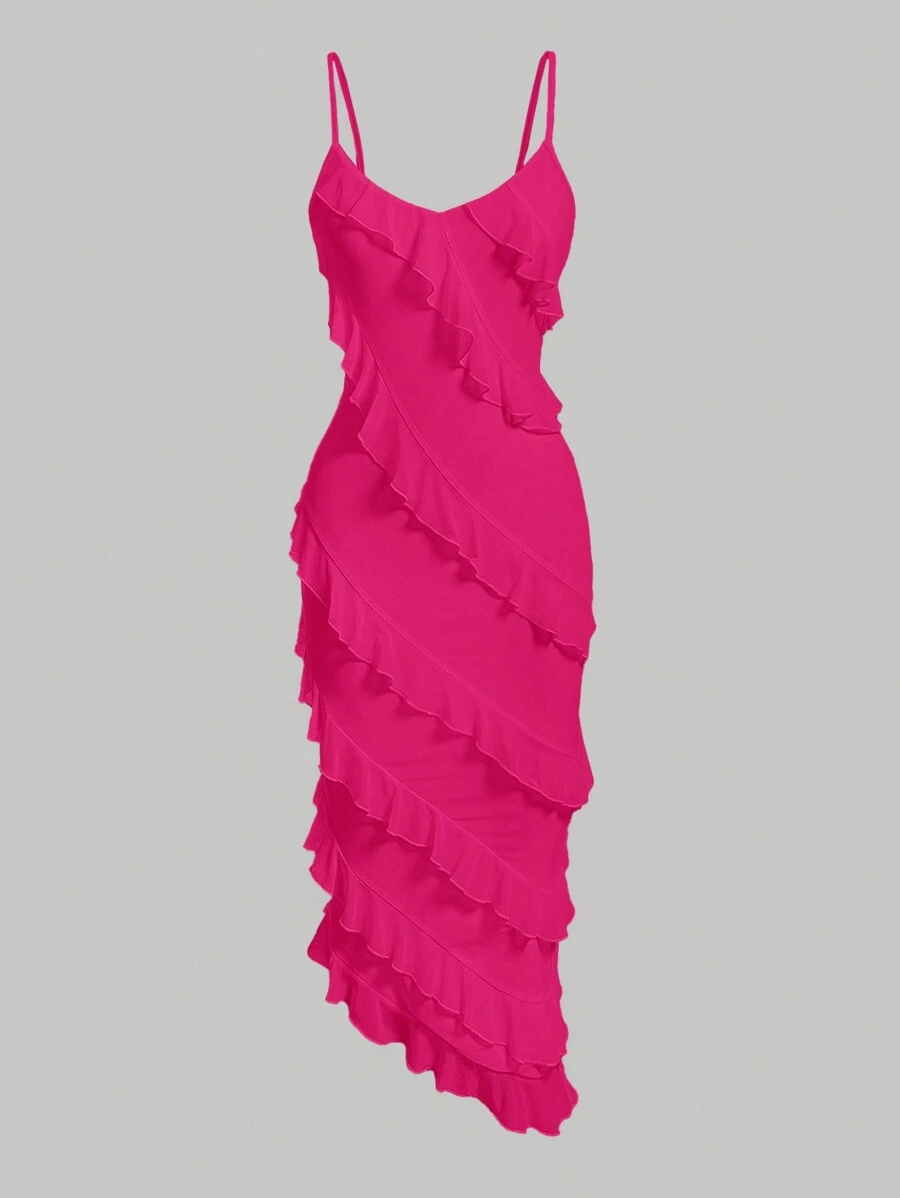 SHEIN MOD Robe d'été à bretelles fines avec ourlet asymétrique et détails volantés, robe à volants