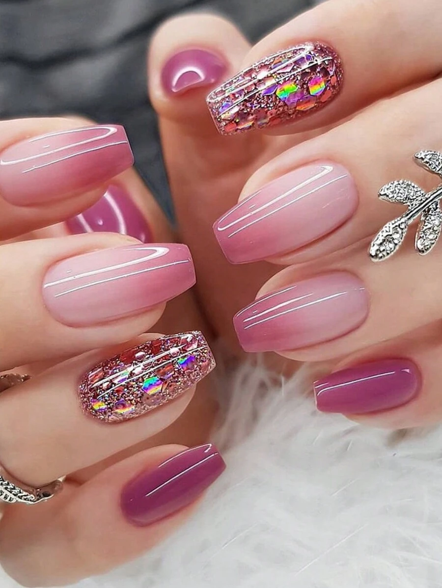 Obtenga el conjunto de de 24 uñas postizas de forma de almendra mediana y larga, elegantes con efecto de degradado rosa y morado, con brillo y acabado brillante, adecuadas para fiestas, bailes y uso diario. Suministros de uñas de presión total. uñas falsas uña falsa uña acrílica