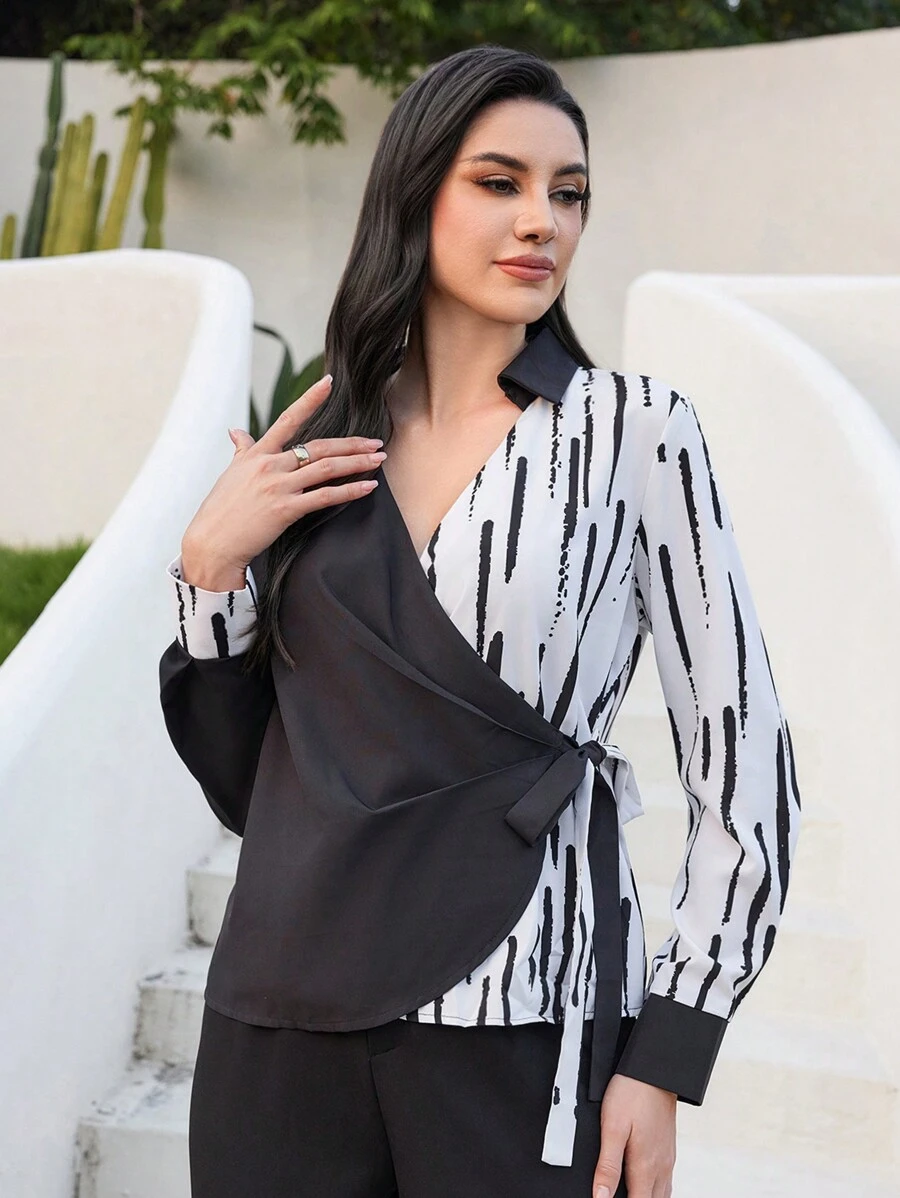 Mulvari Women's Striped Color Block Long Sleeve Shirt