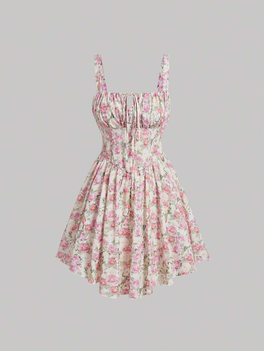 SHEIN MOD Flower Print Spaghetti Strap Tie Waist Dress