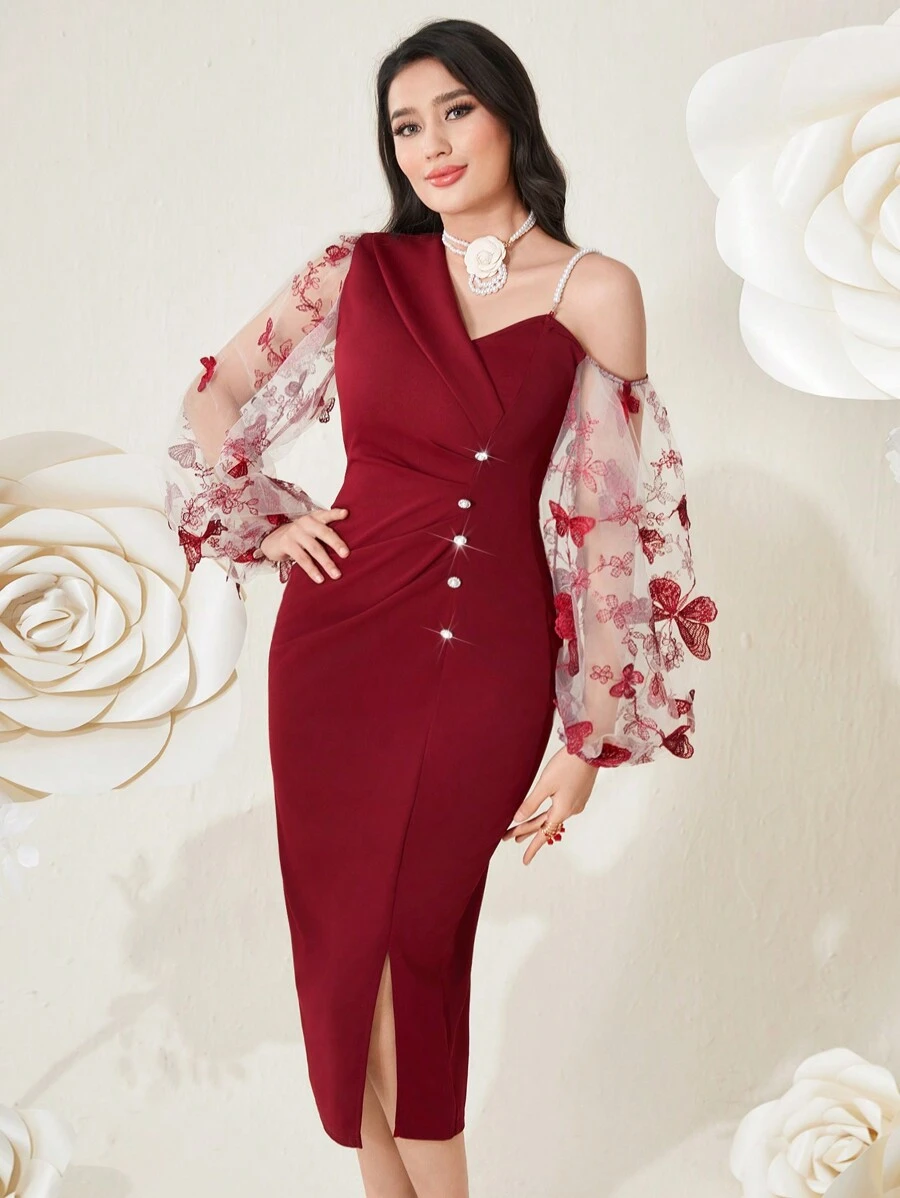 Modelyn Burgundy Red Butterfly Embroidery Sheer Mesh Contrast Slit Dress Long Evening Dresses