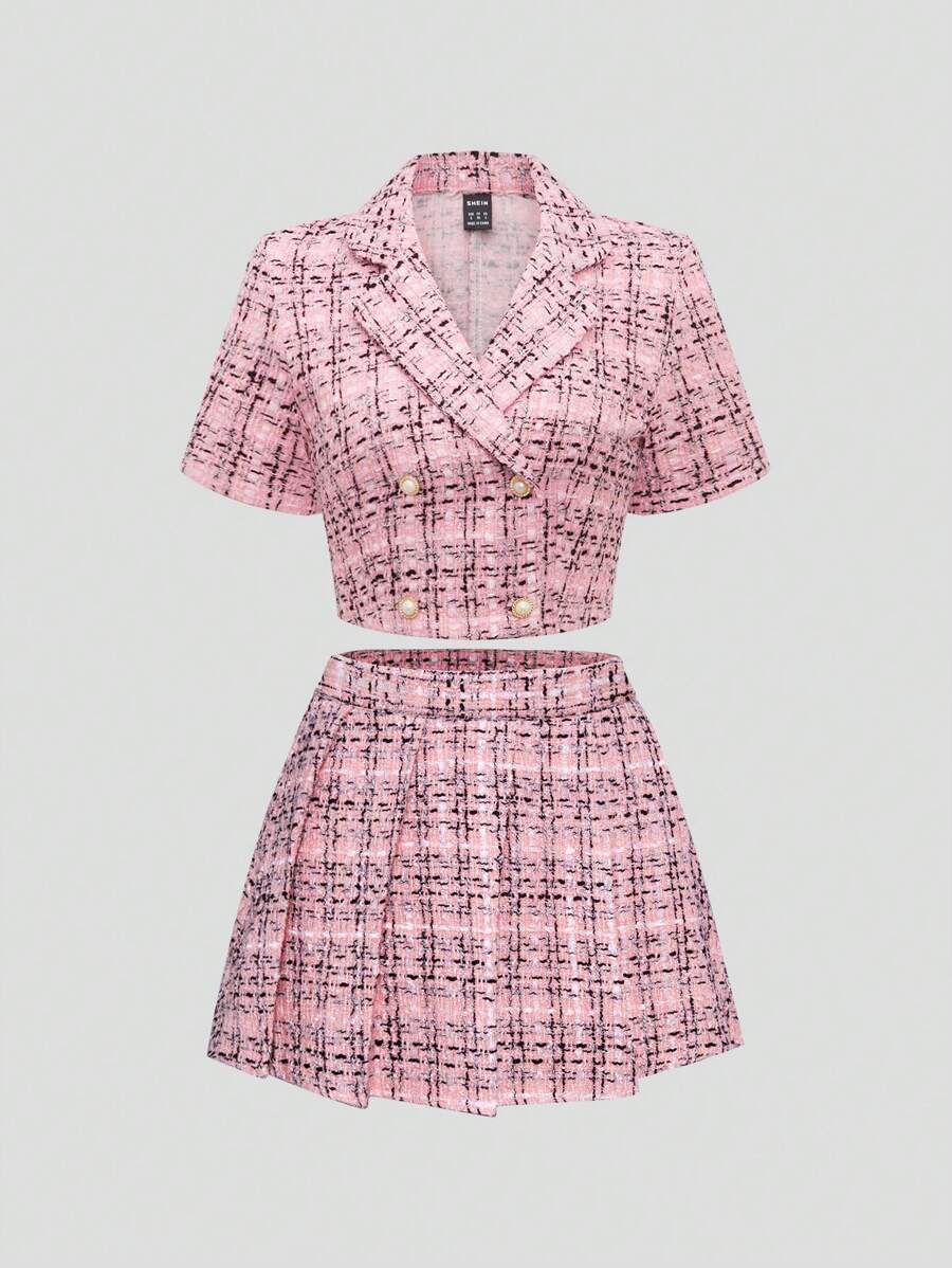 Sweetra Ladies' Plaid Band Collar Short Sleeve Top And Pleated Skirt Two Piece Set