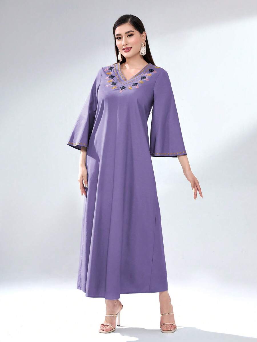 Modelyn Women's Geometric Embroidery Bell Sleeve Arabian Dress Long Evening Dresses