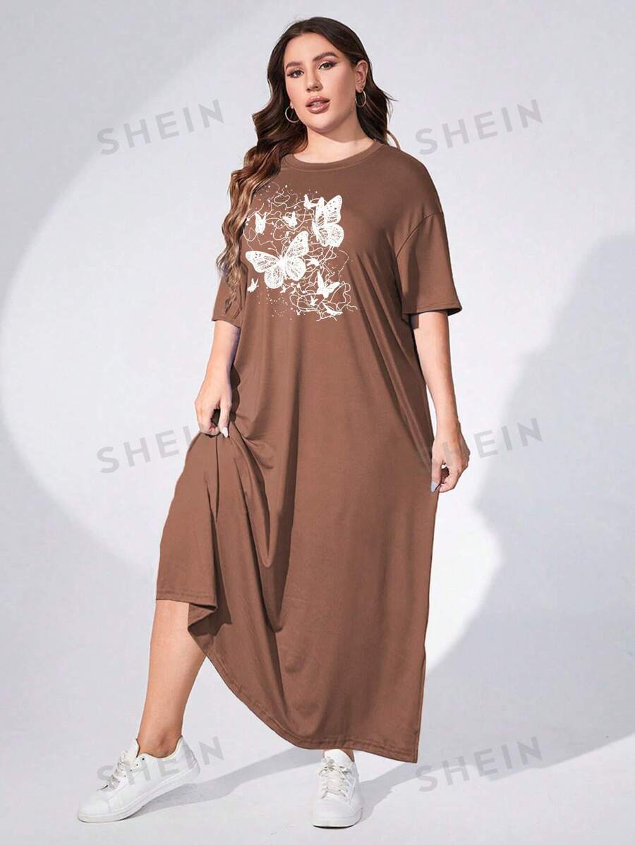 Mulvari Vestido maxi de mujer talla grande con cuello redondo y estampado de mariposas