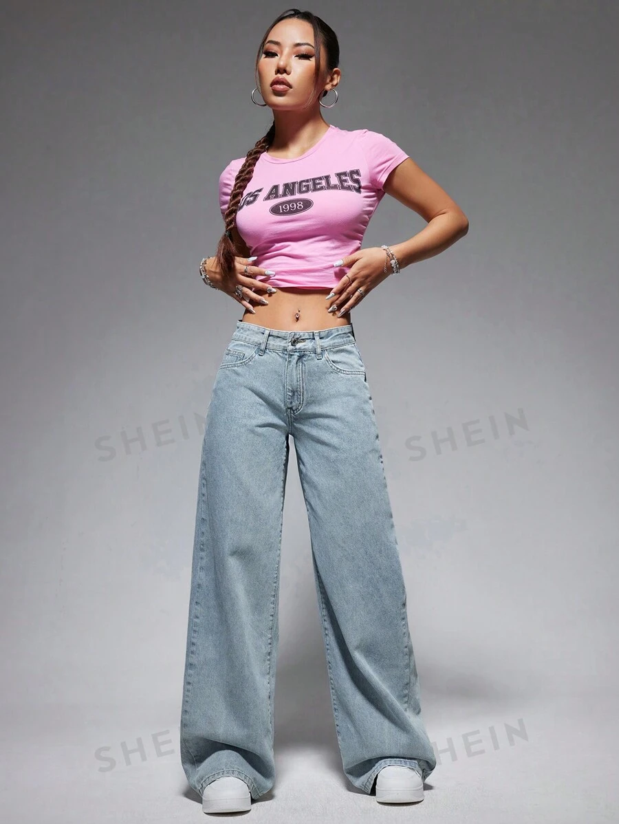 SHEIN ICON Vaqueros De Pierna Ancha De Color Liso