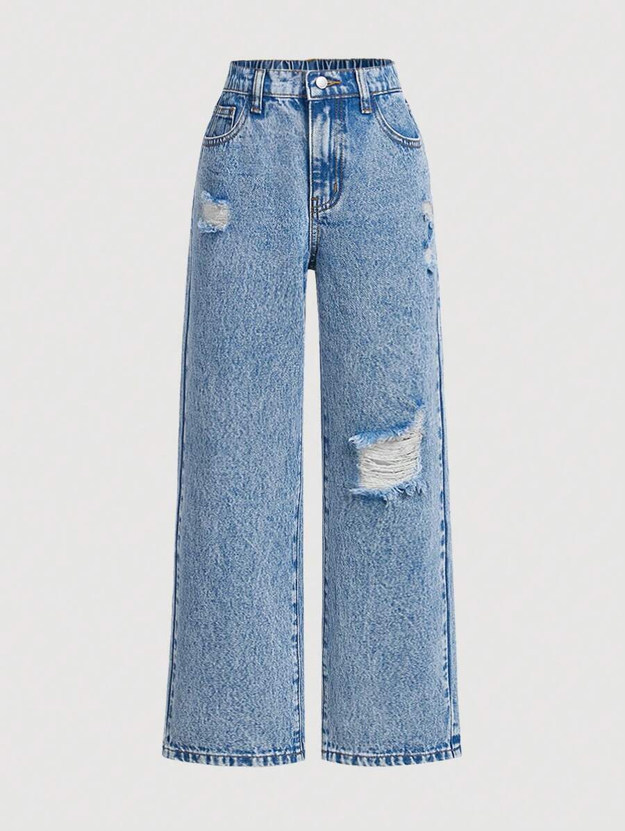 SHEIN Girlism Tween Girls' Washed Casual Fashionable Distressed Stretchy Waist Comfortable Denim Pants
