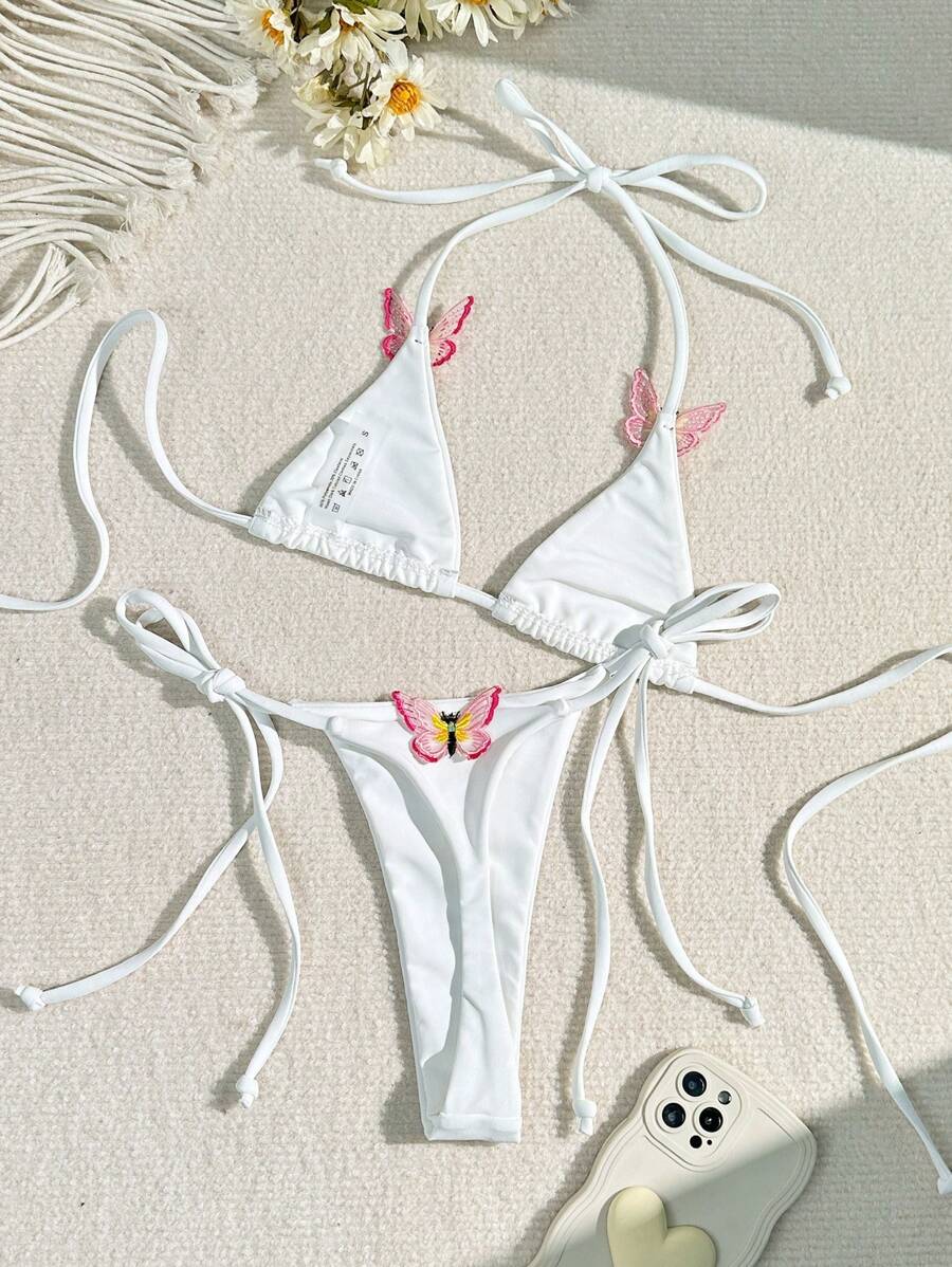 Swim Mod Summer Beach Ladies' Butterfly Applique Halterneck Bikini Set Music Festival
