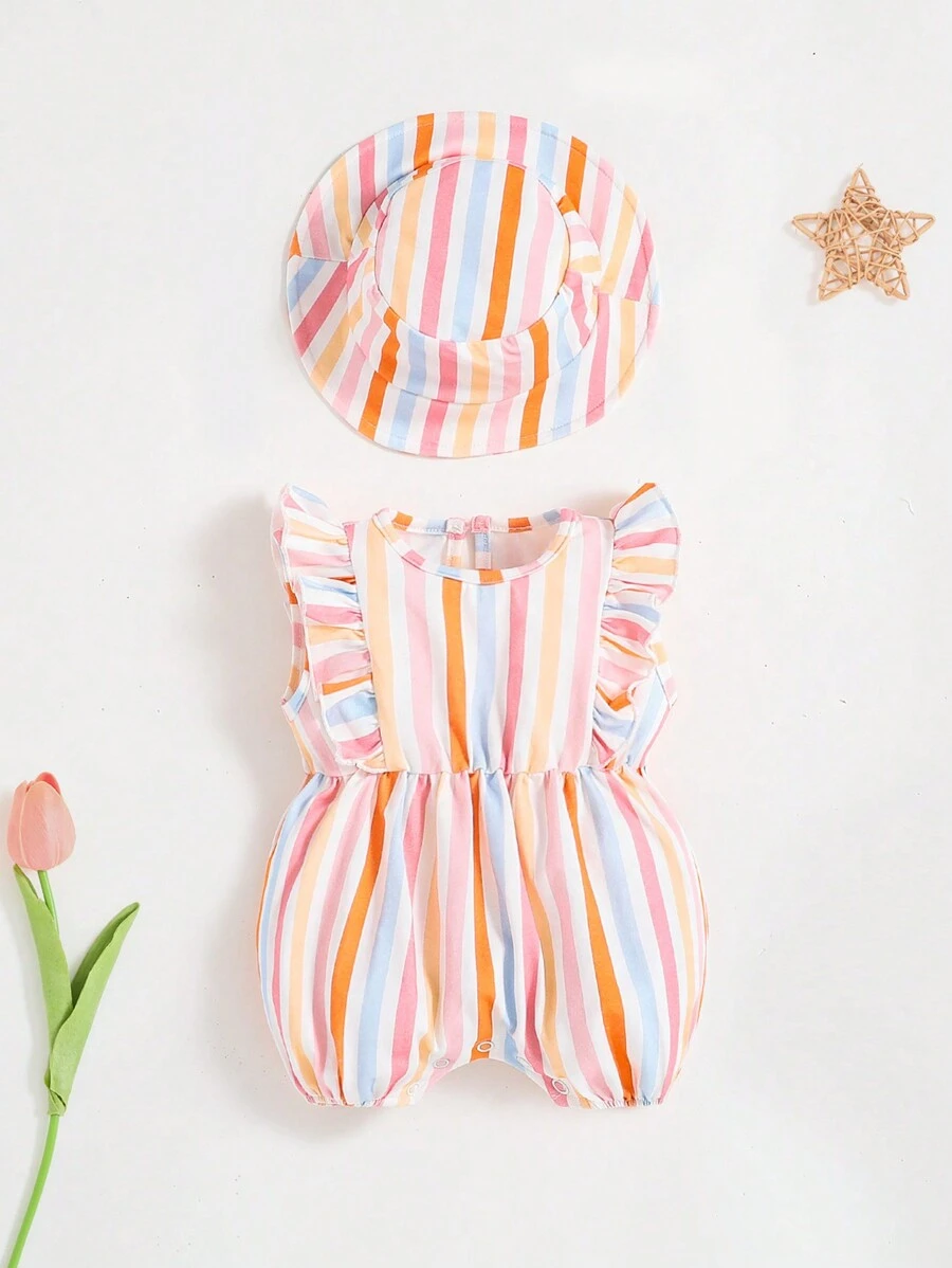 SHEIN Baby Girls' Striped Ruffled Sleeveless Romper And Hat, 2pcs/Set