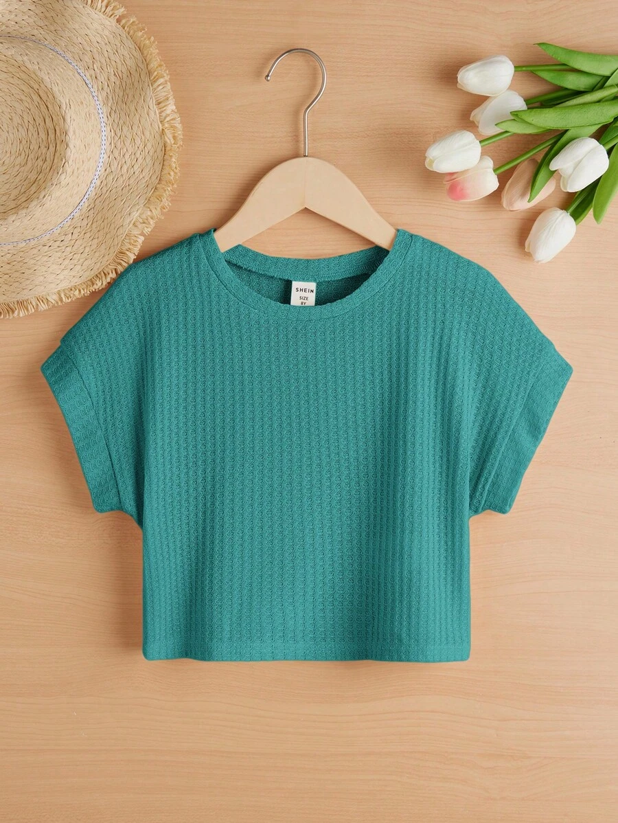 SHEIN Tween Girls' Loose Fit Cropped Casual Short Sleeve T-Shirt With Round Neckline