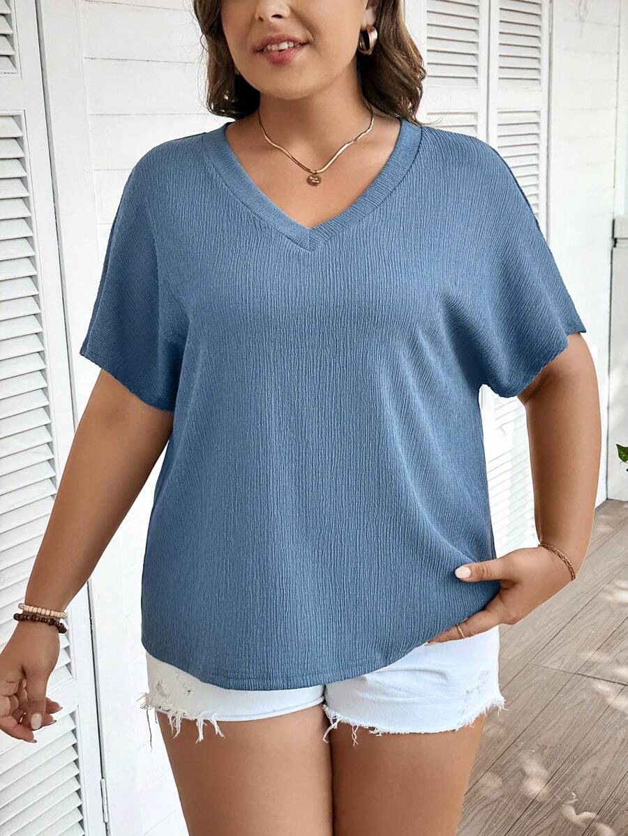 SHEIN LUNE Plus Size Women's Solid Color V-Neck Short Sleeve T-Shirt