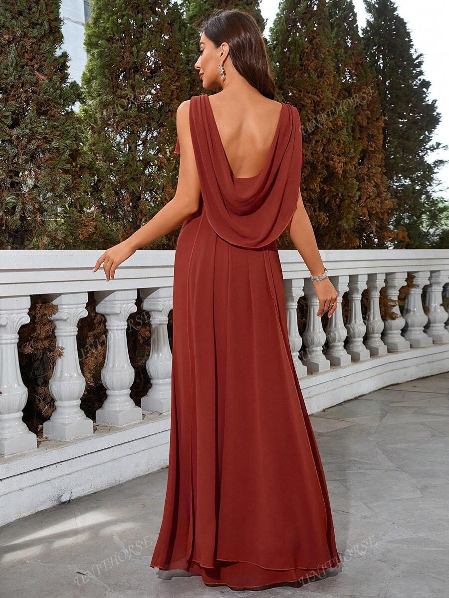 Abito da damigella in chiffon con scollo a V, maniche a ruches con paillettes, schiena scollata