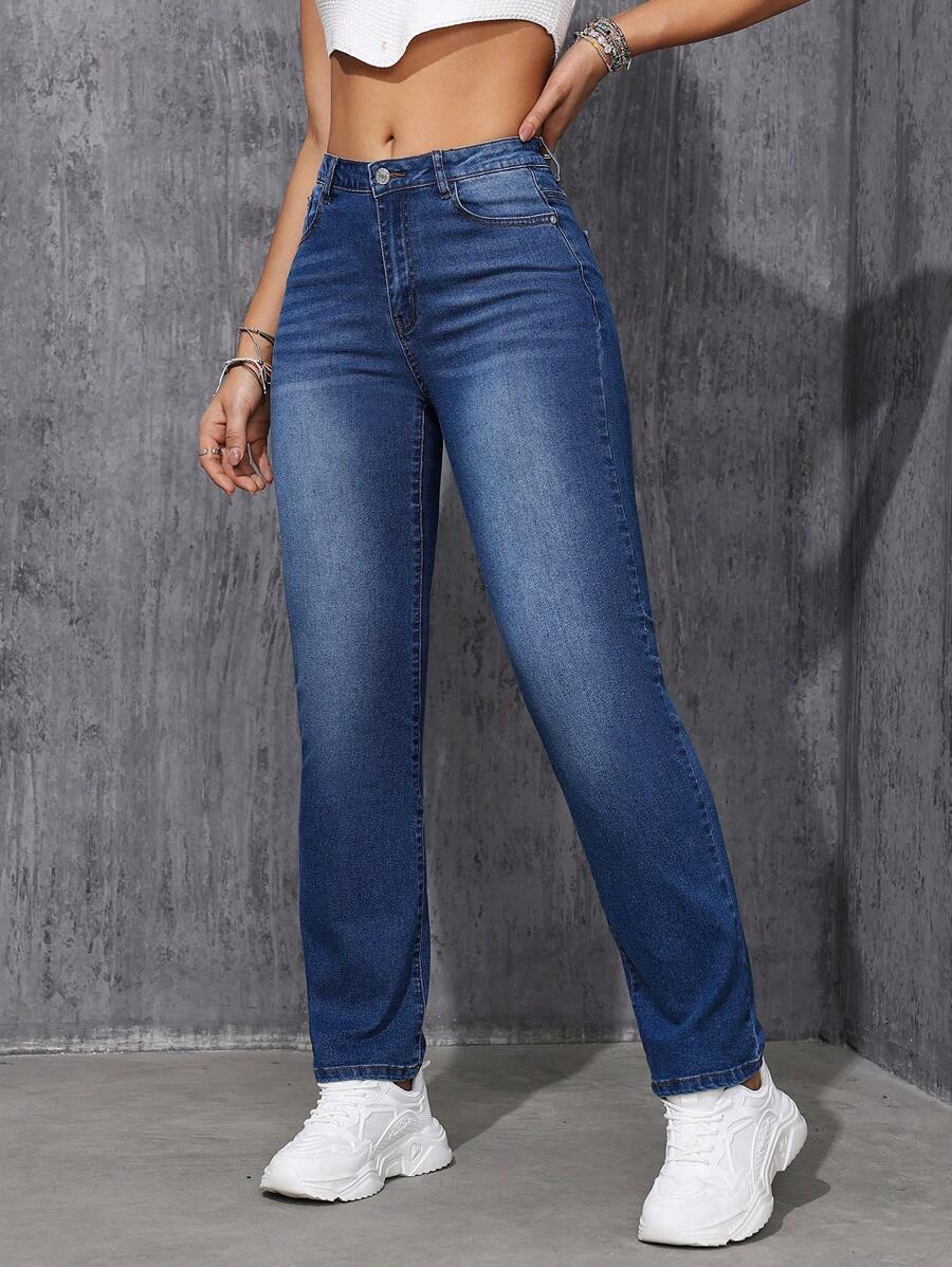 SHEIN EZwear Jeans De Pierna Recta Lavados Para Mujer
