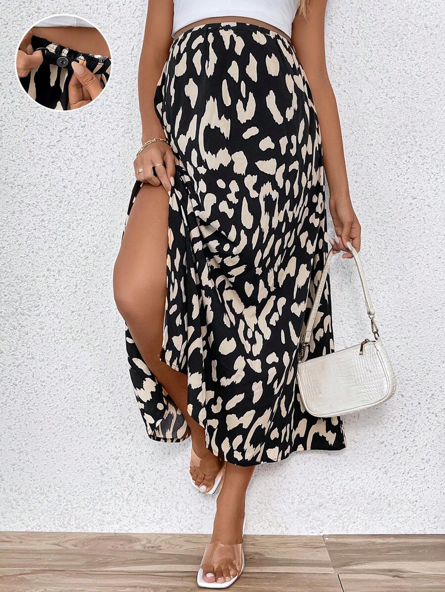 SHEIN Young Casual Elastic High Waist Allover Print Skirt With Adjustable Waistband For Maternity