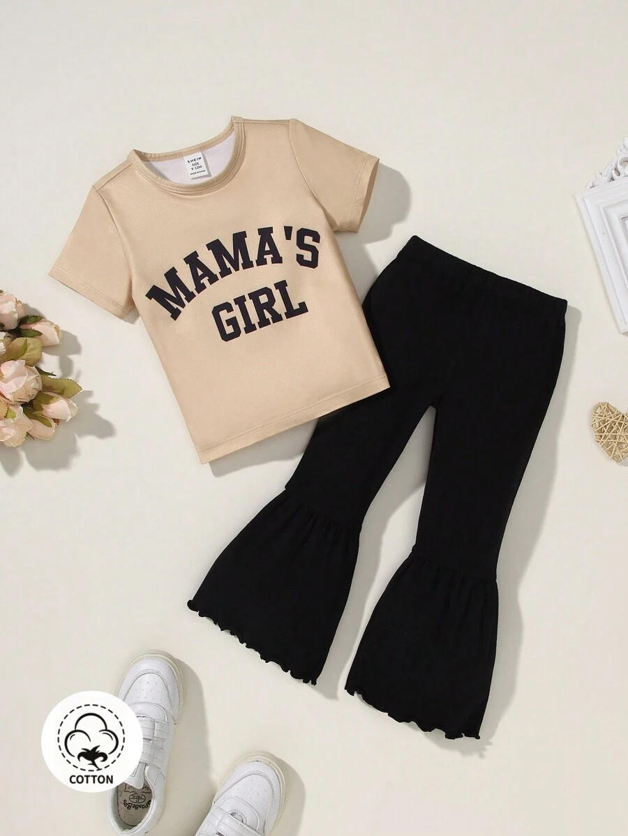 Baby Girl Street Fashion Letter Printed Top And Solid Color Flared Pants Set