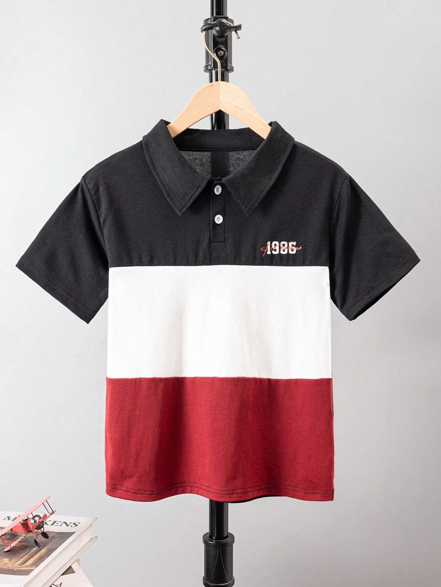 Camiseta Polo De Manga Corta Con Diseño De Impresión Digital De Bloques De Color Para Niños En Transición
