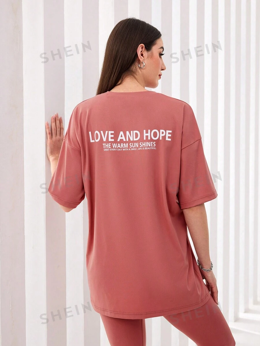 Mulvari Conjunto de 2 piezas para mujer con camiseta de manga caída con estampado de letras y pantalones largos