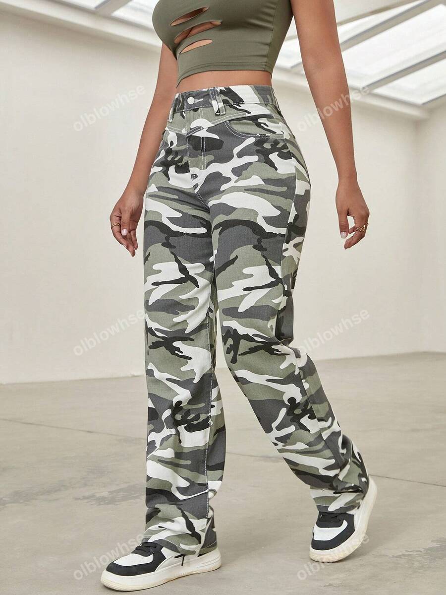 Y2K Street Camo Print High Waist Slant Pocket Baggy Wide Leg Jeans Daily Outdoor Denim Trousers