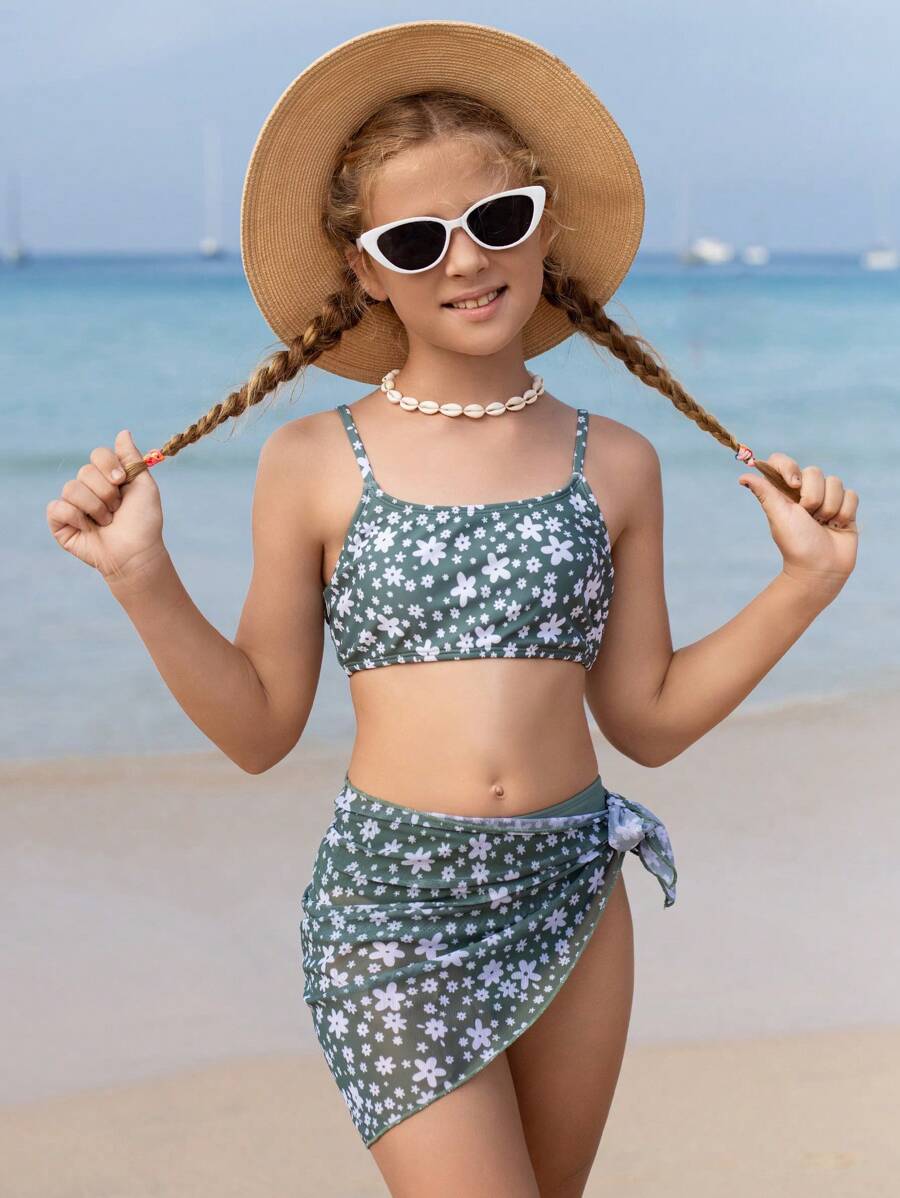 Tween Girl Floral Printed Bikini Set Summer Beach