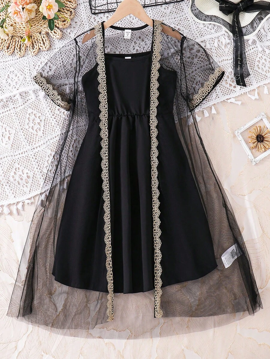 SHEIN 2 Piezas/set Chaqueta De Malla Elegante Y Vestido De Cuello En V Para Niñas Adolescentes