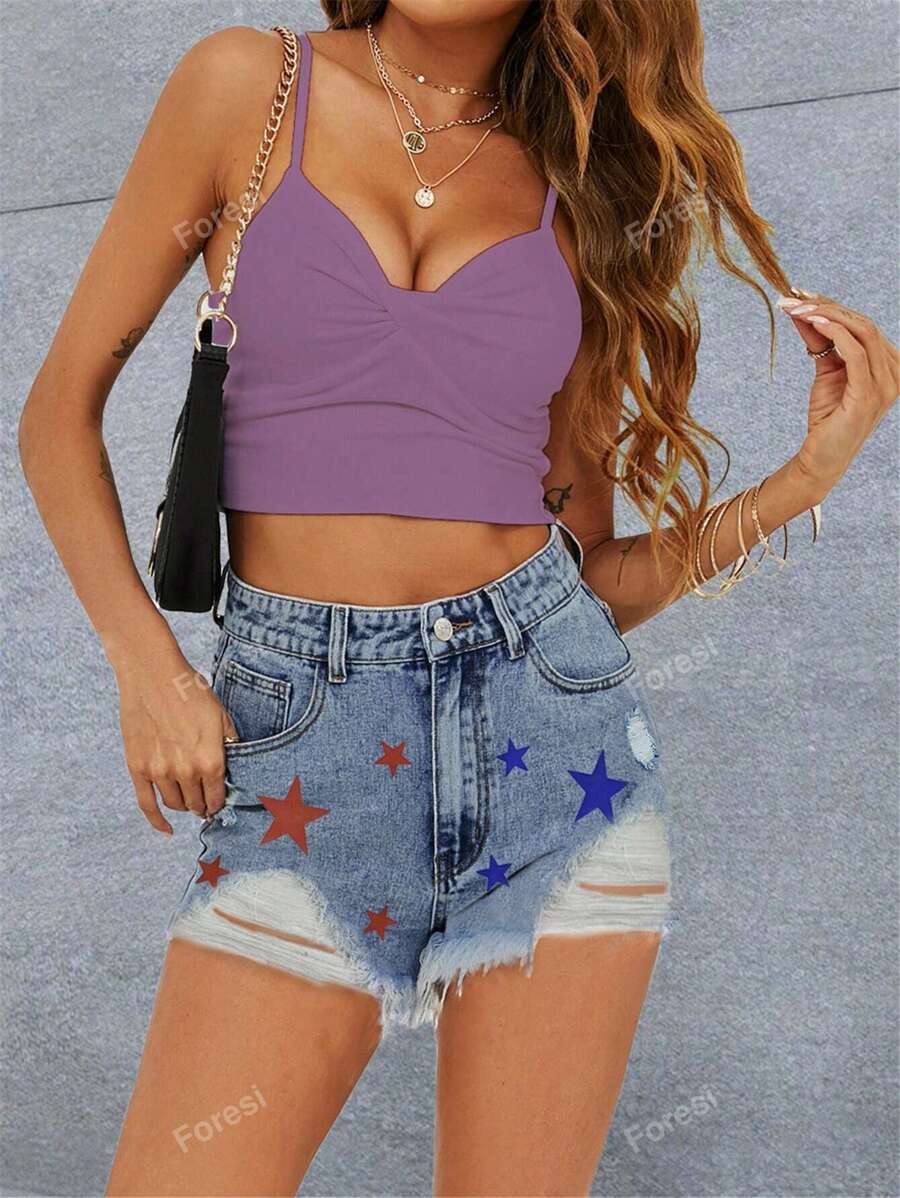 Basic Star Print Frayed Edge Straight Leg Denim Shorts