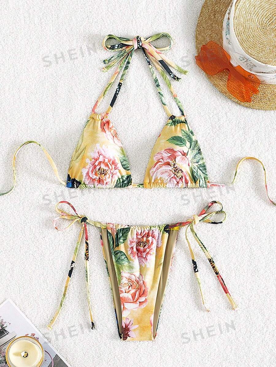 SHEIN Swim Conjunto de bikini de escote de halter con estampado floral para mujer, para la playa de verano