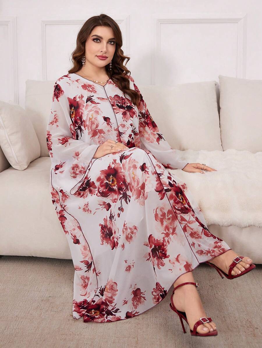 Al Najma Plus Size Women's Floral Print Modest Long Sleeve A-Line Abaya Dress, Chiffon Elegant Maxi Jalabiya