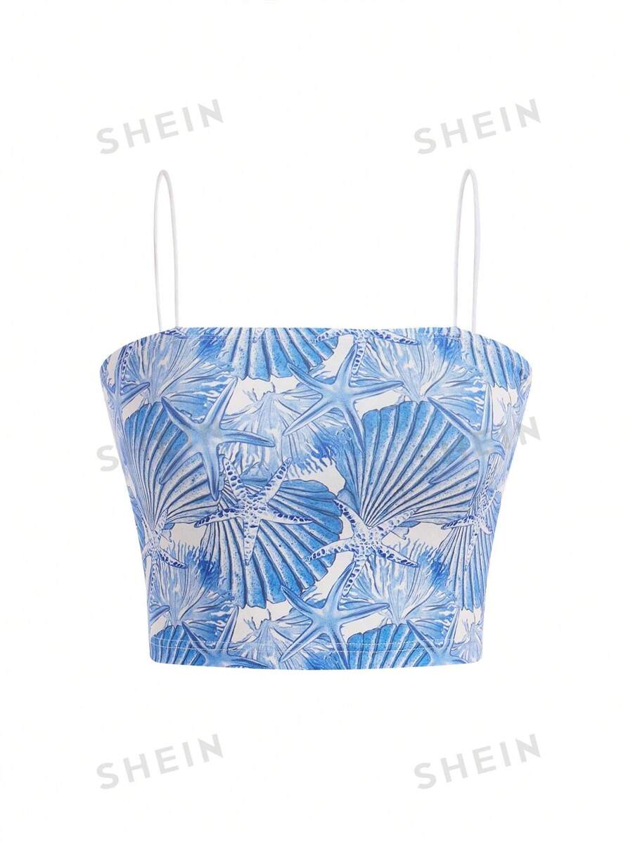 Liberty nature Top de tirantes tipo camisola con estampado de estrella de mar y vieira para mujer con estilo boho bohemio, para vacaciones, verano, playa, salidas, festivales, fiestas en Ibiza, uso informal
