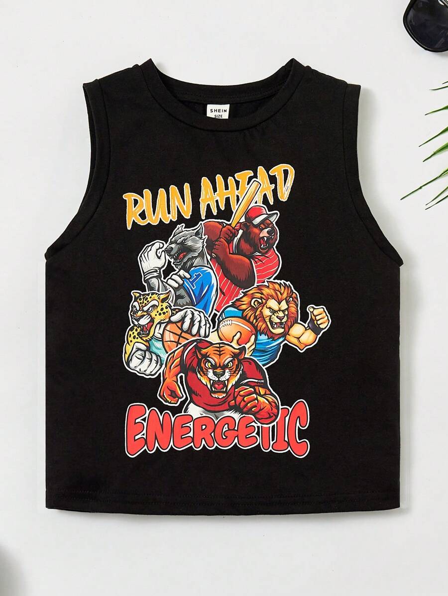 SHEIN Young Boy Leisure Cartoon Animal & Letter Printed Round Neck Tank Top
