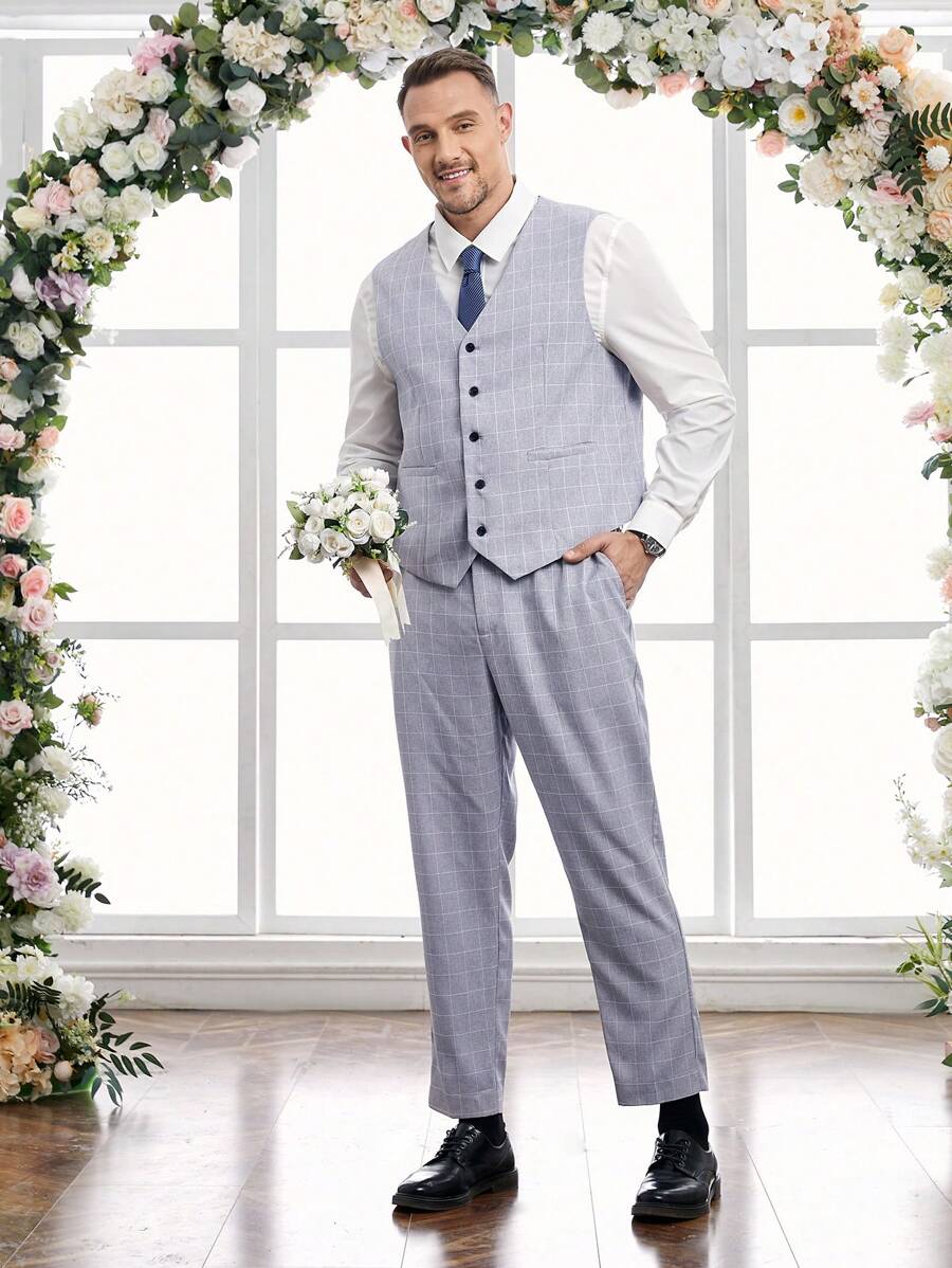 Manfinity VCAY Men's Plus Size Grid Single-Breasted Suit Vest And Pants