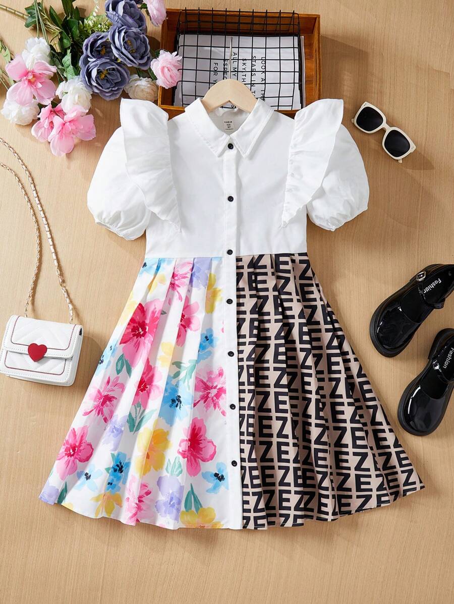 SHEIN Tween Girls' Loose Fit Colorblock Dress Featuring Fresh Flower Pattern Patchwork And Letter Print Collar