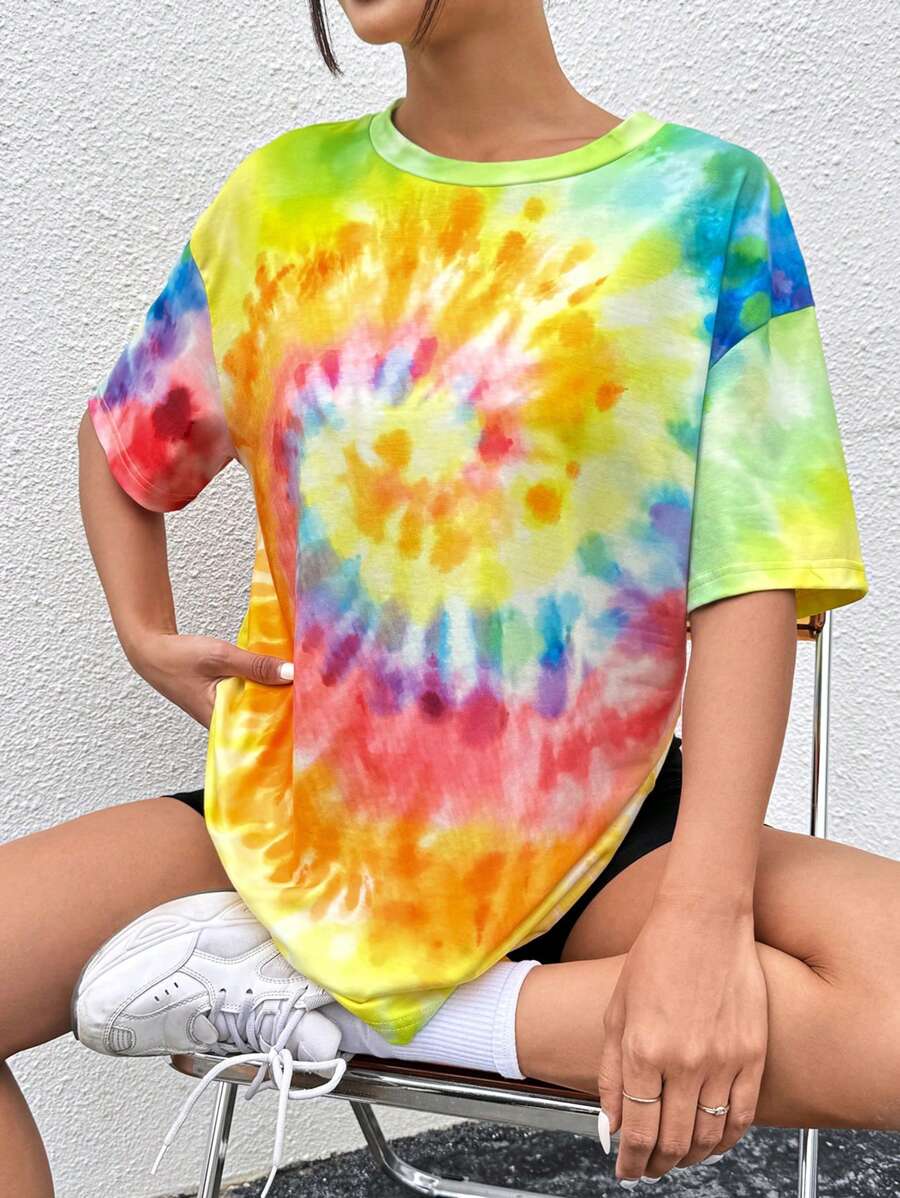 SHEIN EZwear Camiseta De Hombro Caído Tie-dye
