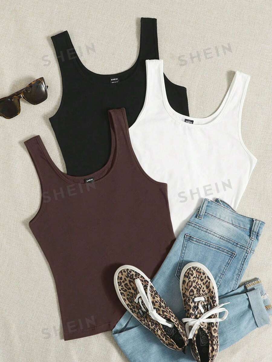 SHEIN EZwear Camisetas De Tirantes Tejidas Multicolores De Color Sólido Ajustadas