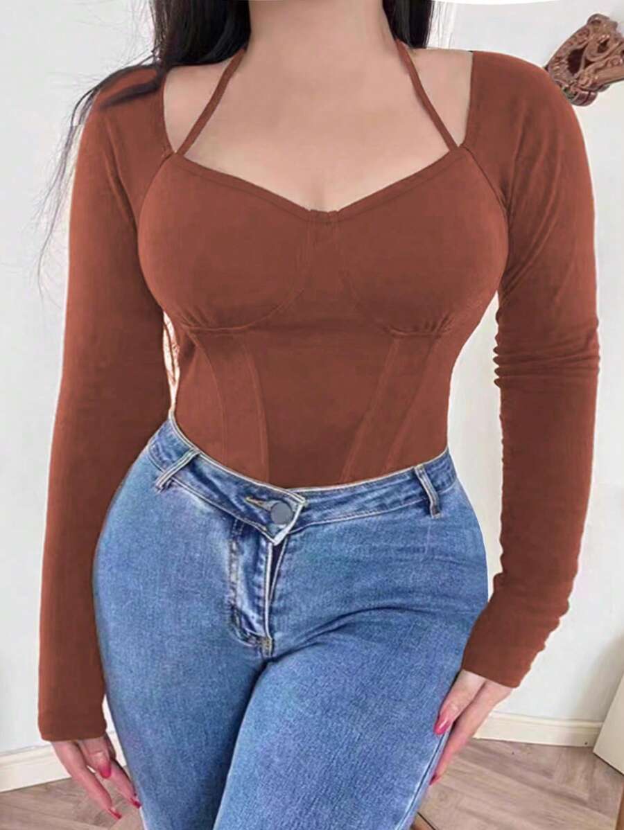 SHEIN CURVE+ Plus Size Solid Color Fishbone Print Compression Long Sleeve T-Shirt