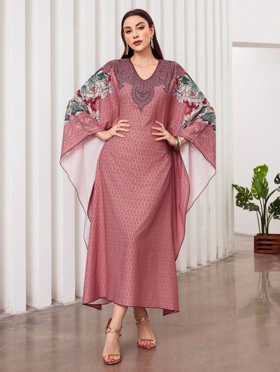 Al Najma Floral Print Batwing Sleeve V-Neck Kaftan