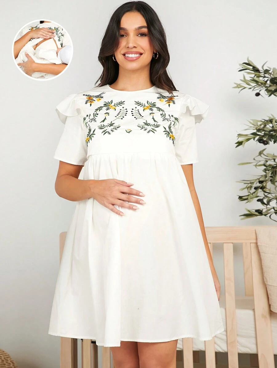 SHEIN Maternity Nursing Dress With Plant Embroidery Design
