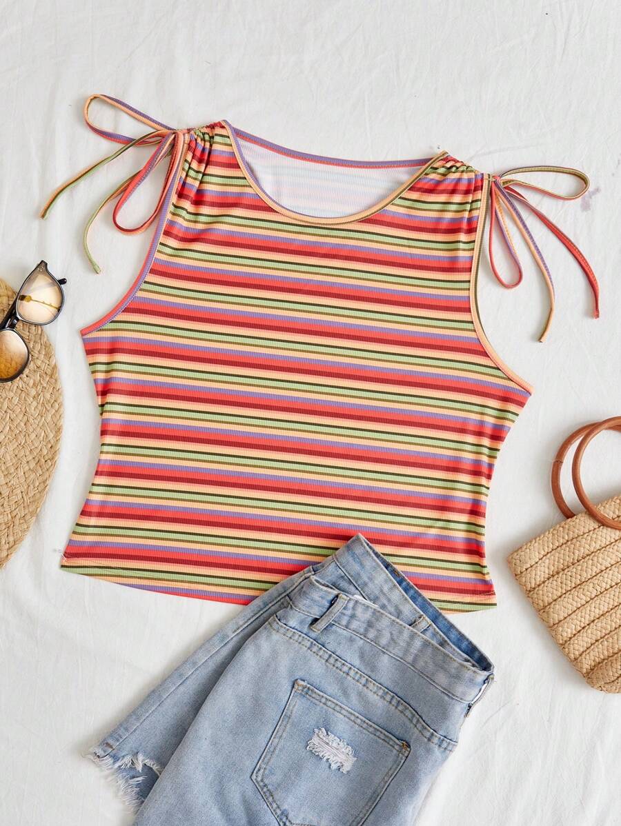 Dreamara Plus Size Women's Colorful Striped Shoulder Tie Knot Tank Top