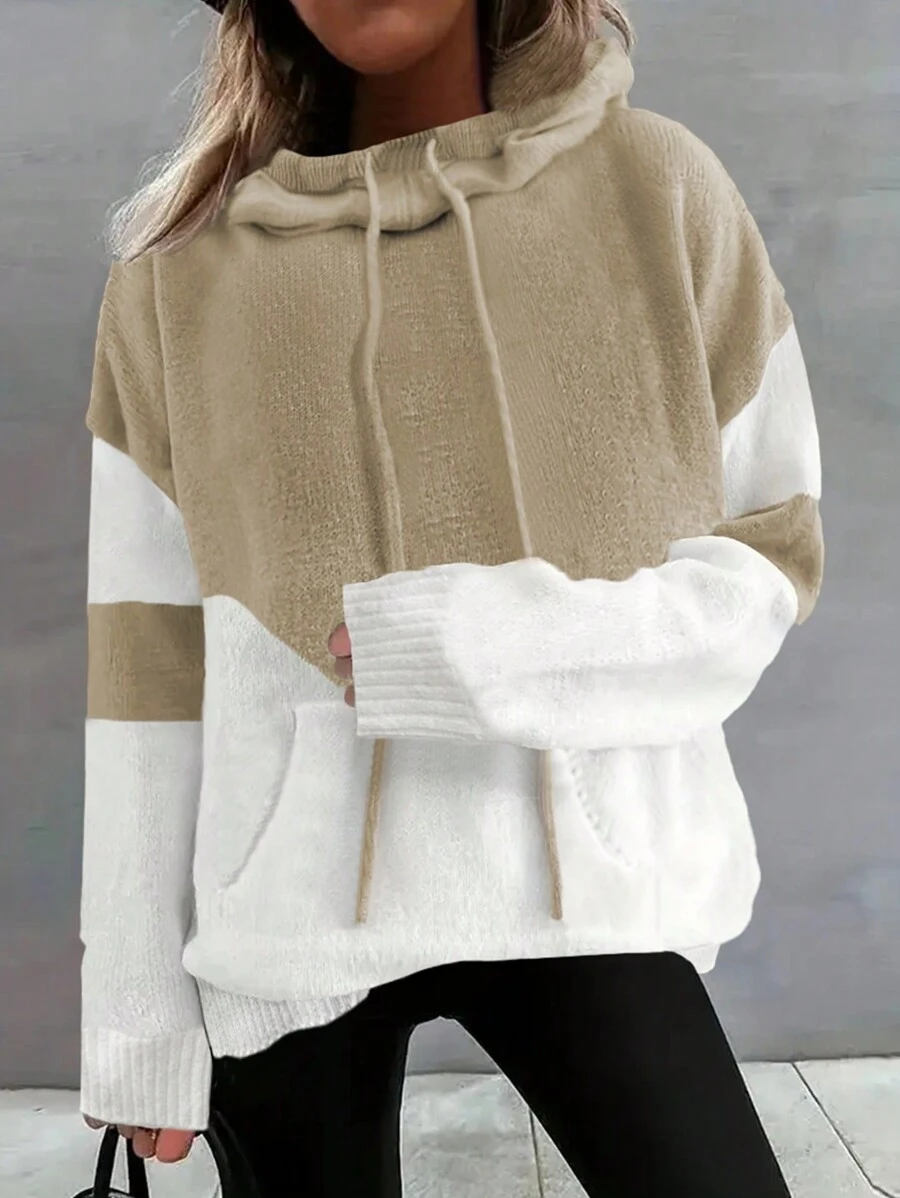 SHEIN LUNE Women's Color Block Hooded Long Sleeve Sweater