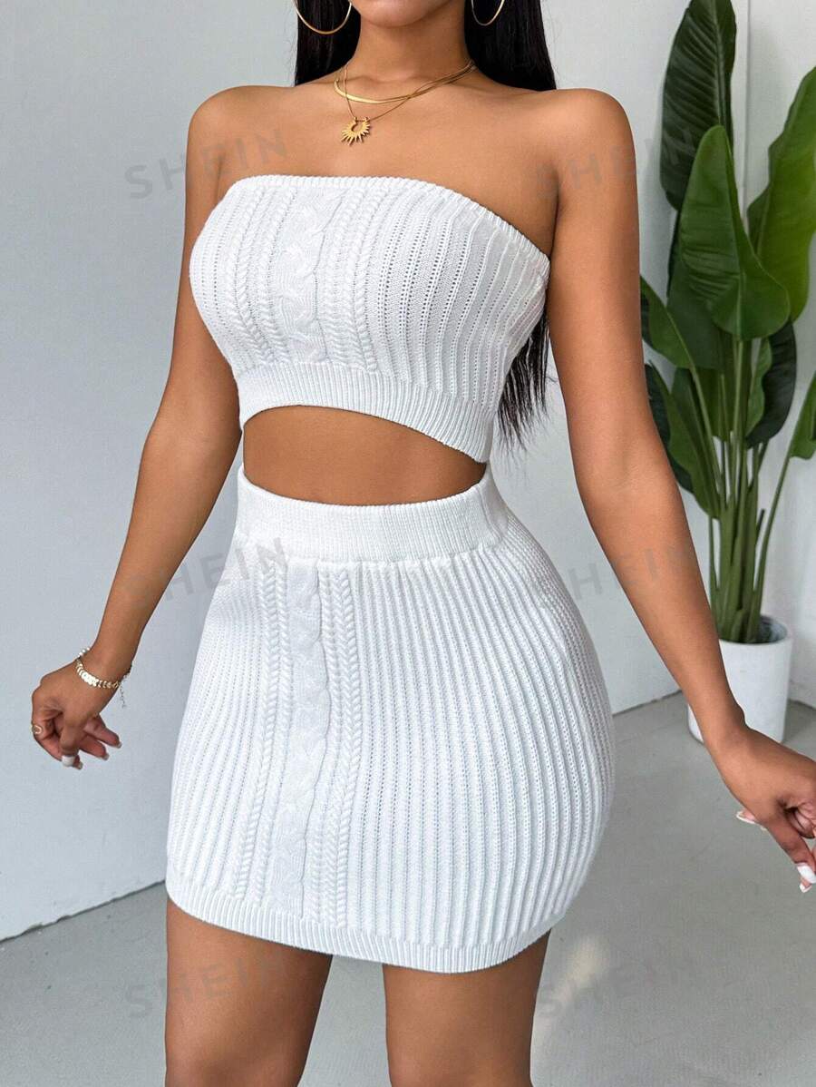 VaVaBold Conjunto De Falda Y Top Sin Tirantes De Punto De Color Liso