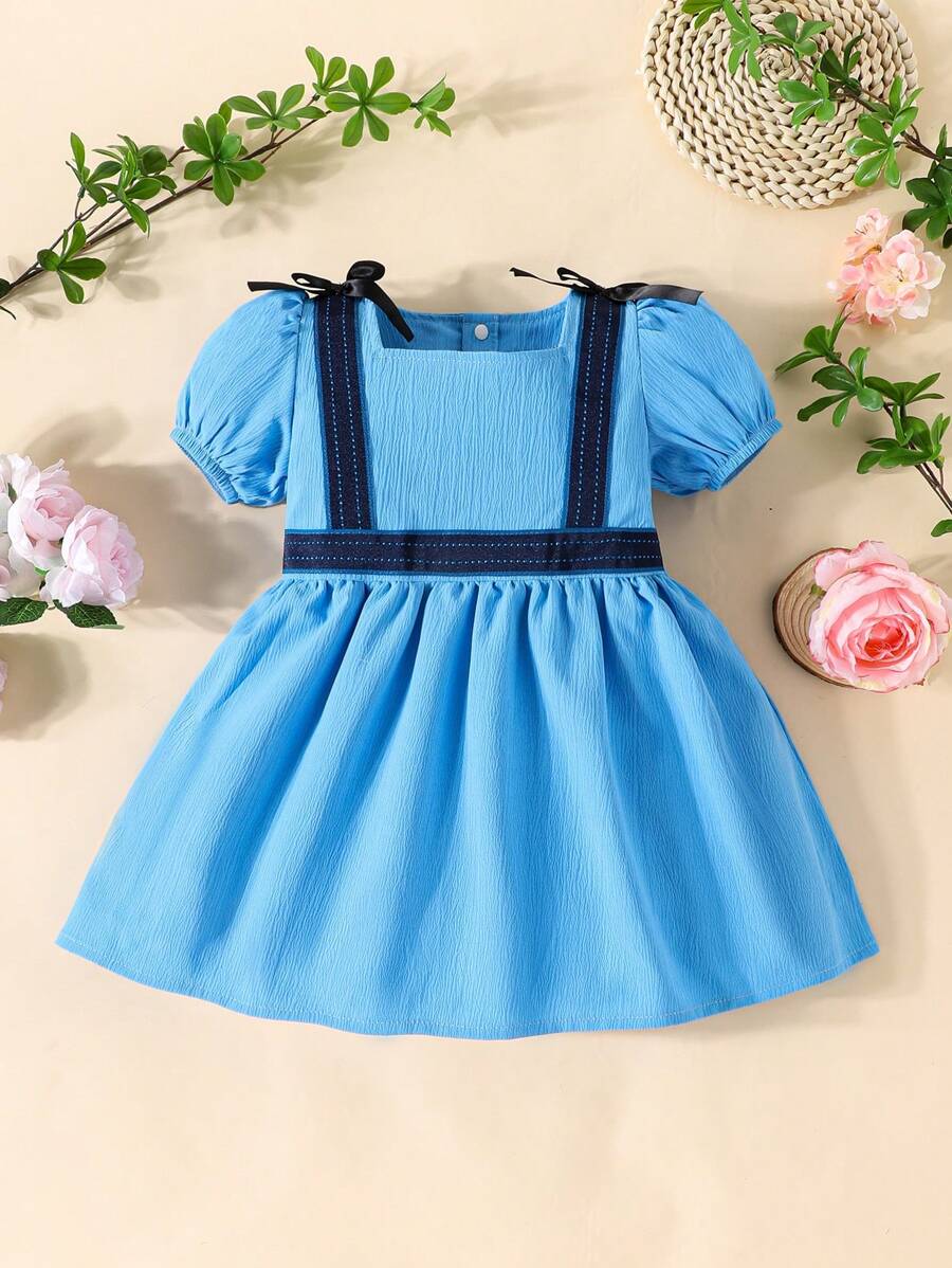 Baby Van een meisje Vintage stijl Korte mouwen Blauw Jurken Met Strik Taille Voor Zomer