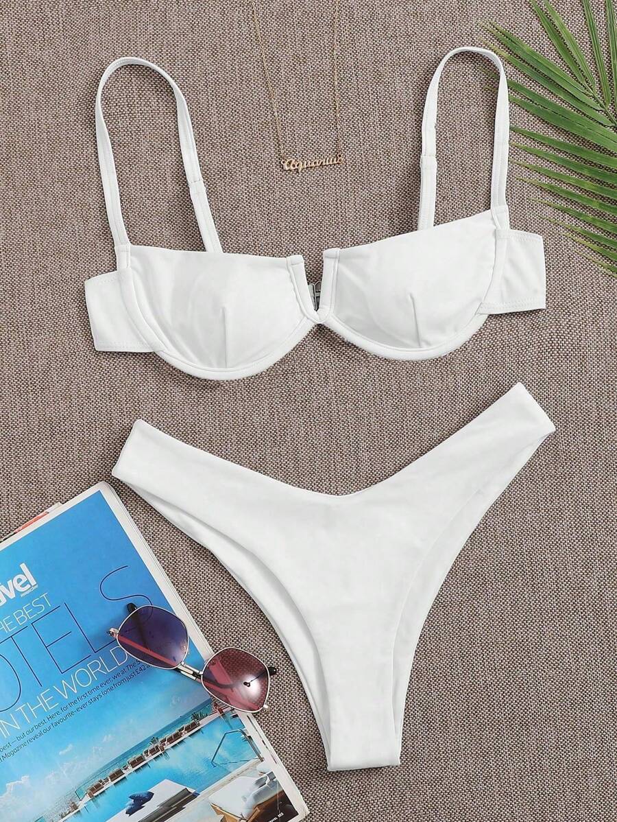 SHEIN Swim Summer Beach Rib Underwire High Cut Bikini Set