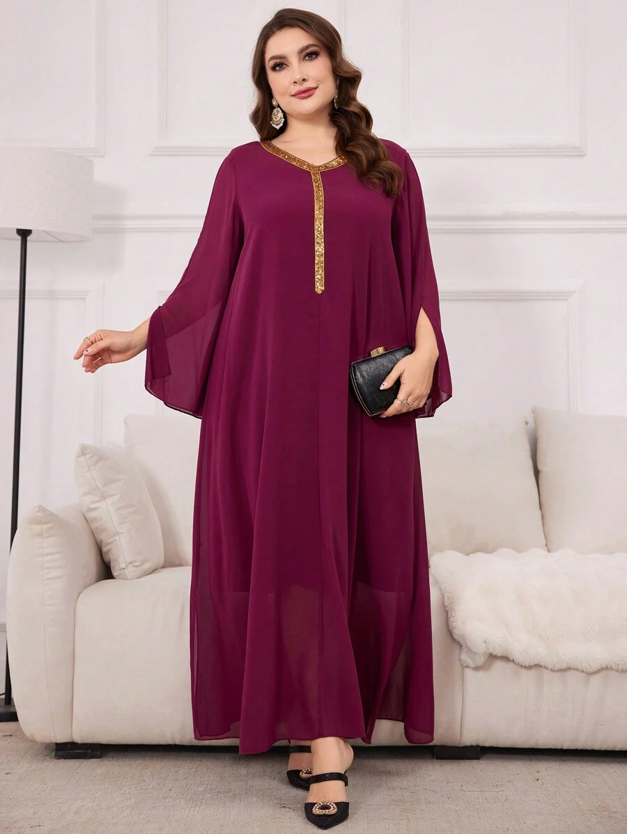 Al Najma Bordeauxrode plus size dames Arabische jurk met pailletten en geweven band