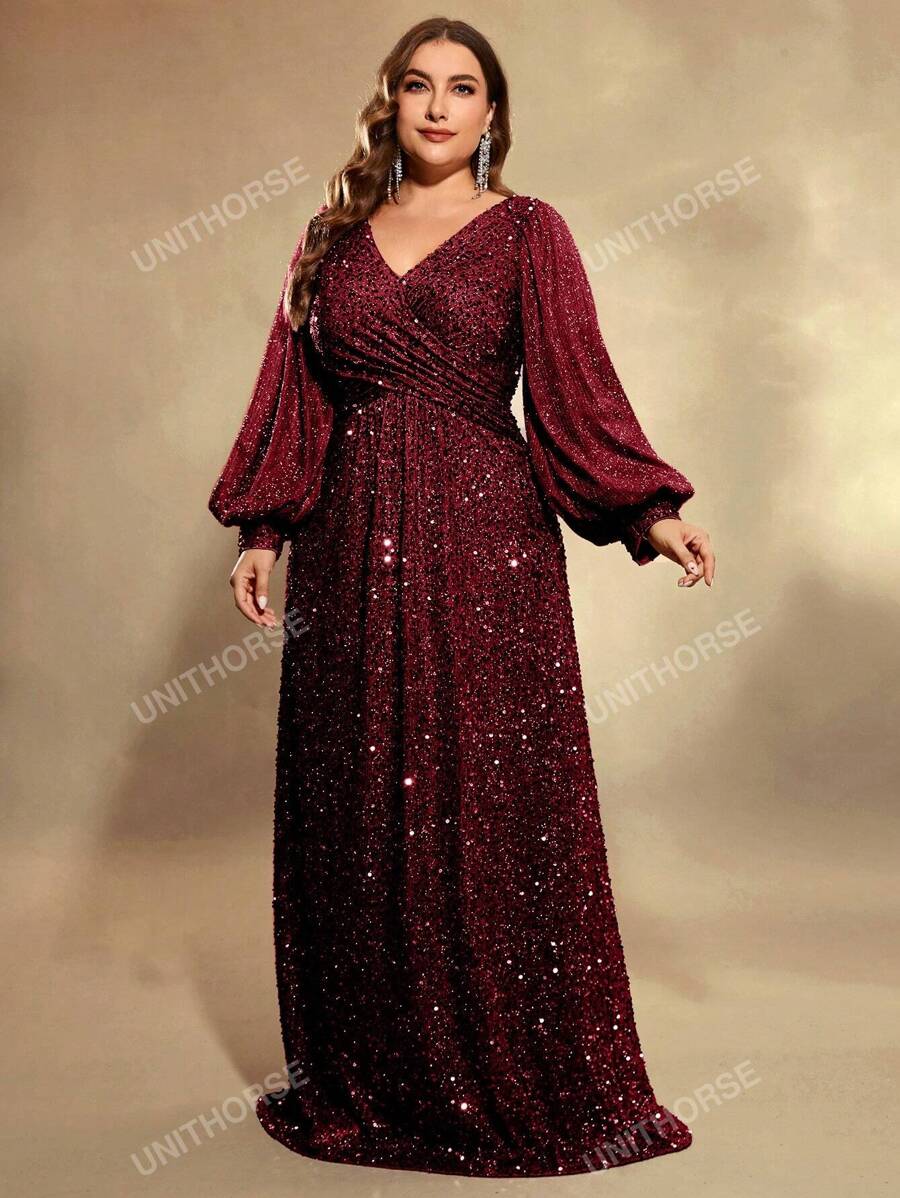 UNITHORSE UNITHORSE Plus Size Lantern Sleeve Sequined Formal Dress, Elegant Long Sleeve Prom Evening Wedding Guest Gown, For Graduation, Dinner, Bride Dress, Birthday Women Outfits, Graduation Dress,Party Dress