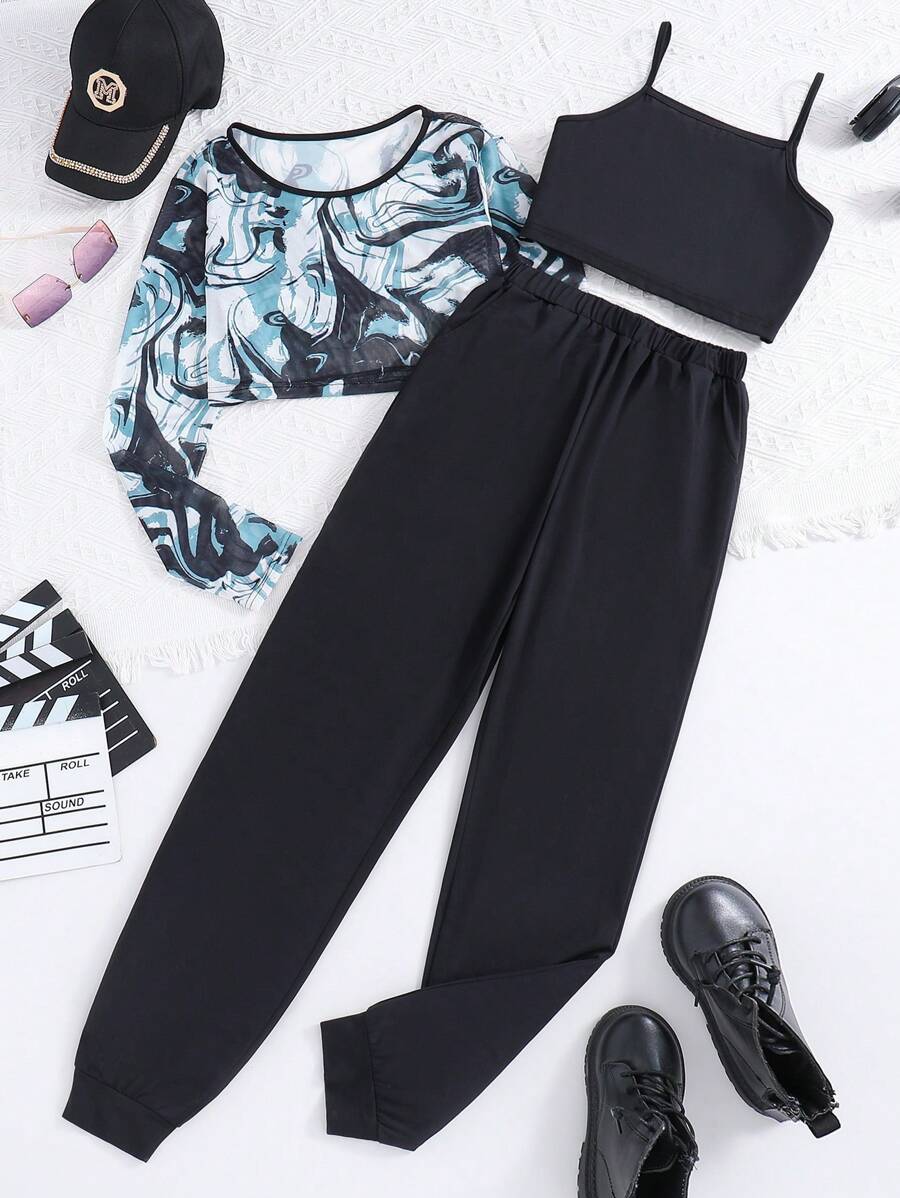 Top De Malla De Manga Larga Con Estampado De Mármol Informal Para Adolescentes, Conjunto De 3 Piezas Que Incluye Top Cami Y Pantalones, Perfecto Para Uso Diario En La Calle