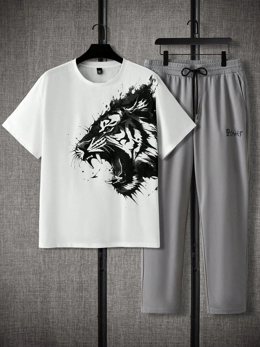 Manfinity VCAY Tiger Print Knitted Casual Two-Piece Set (Men's Plus Size)