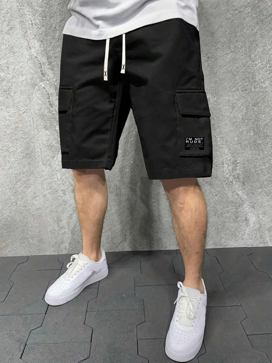 Men's Summer New Fashionable Letter Print Drawstring Waist Sports Cargo Shorts With Details,Bermuda Shorts