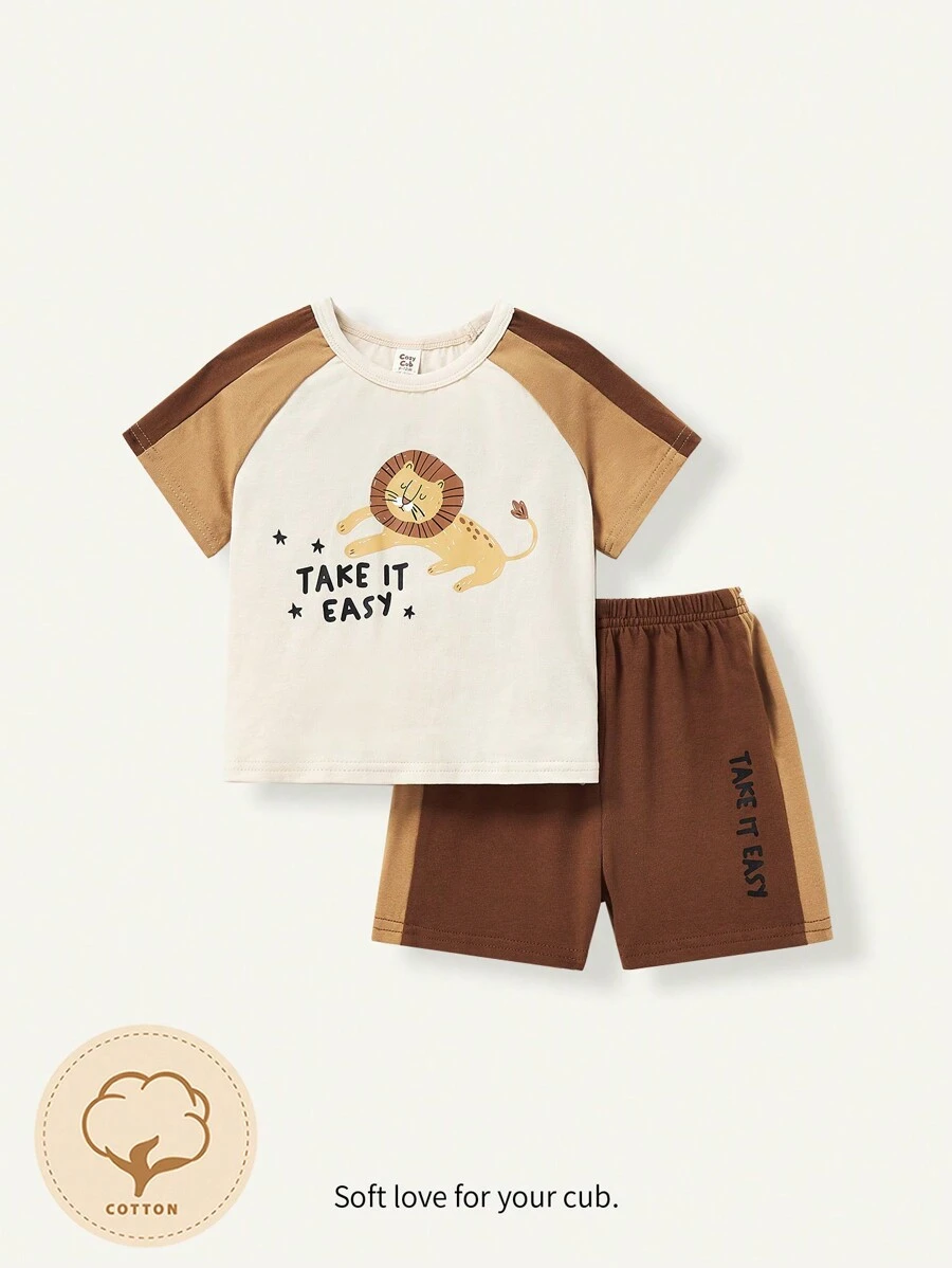 Cozy Pixies Baby Boy Color-Blocked Round Neck Short Sleeve Sweatshirt And Casual Shorts Two-Piece Set