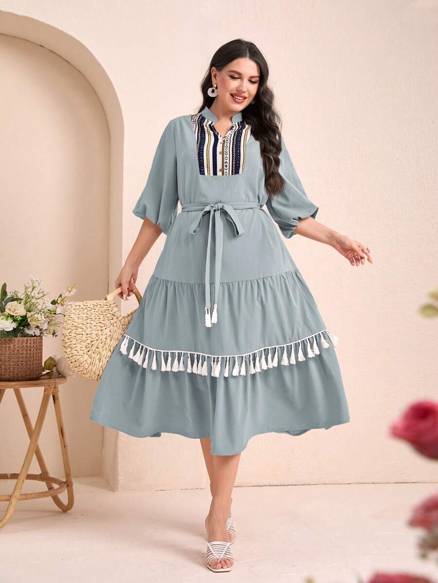 Mulvari Plus Size Geometric Print Notched Collar Fringe Trim Belted Dress
