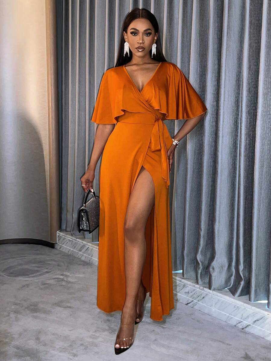 SHEIN Slayr Adult Bridesmaid High Slit Dress With Ruffle Trim