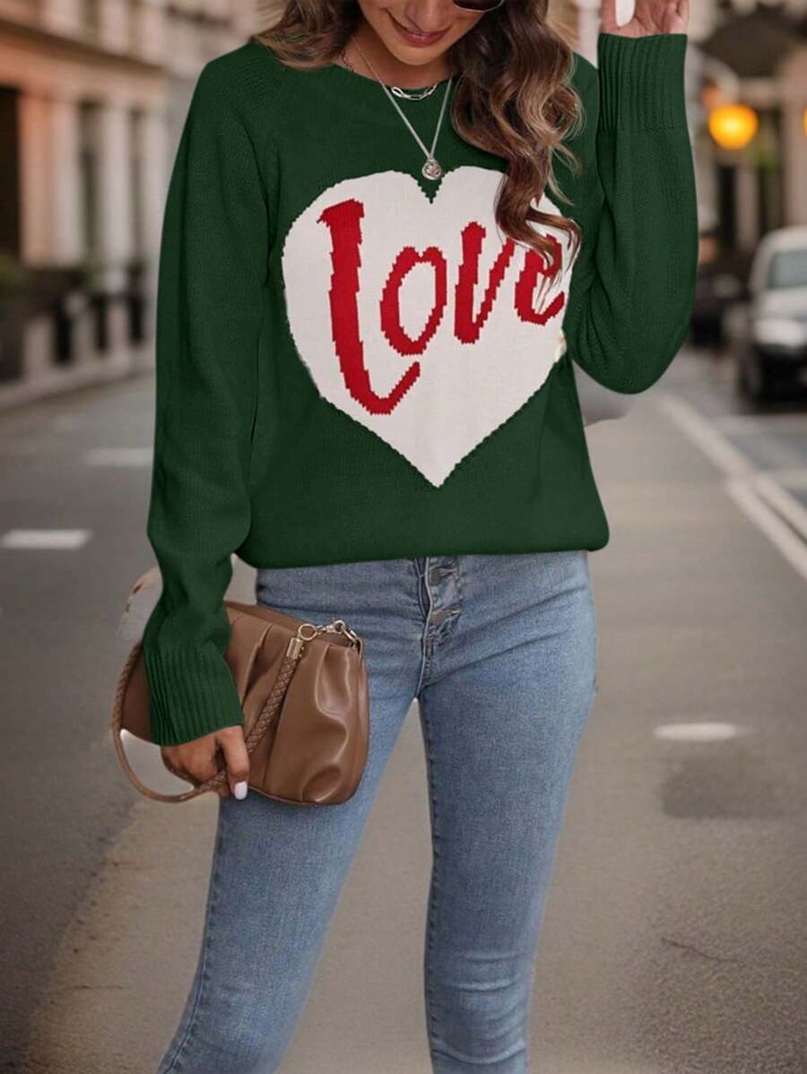 SHEIN LUNE Plus Size Heart And Letter Pattern Raglan Long Sleeve Sweater