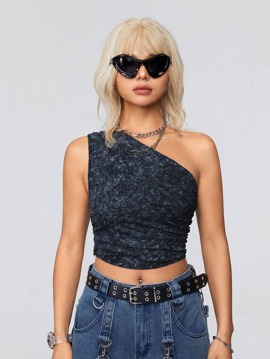 SHEIN EZwear Haut Court Asymétrique Avec Col, Effet Délavé Et Noeuds À La Teinture Pour Un Style